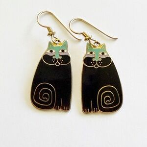Laurel Burch Olivia Cat Vintage 1980's Black Gold Tone Dangle Earrings